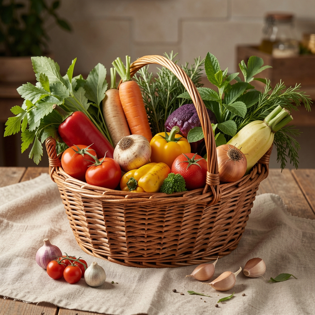Seasonal British vegetables and herbs arranged in a woven market basket on a natural linen cloth