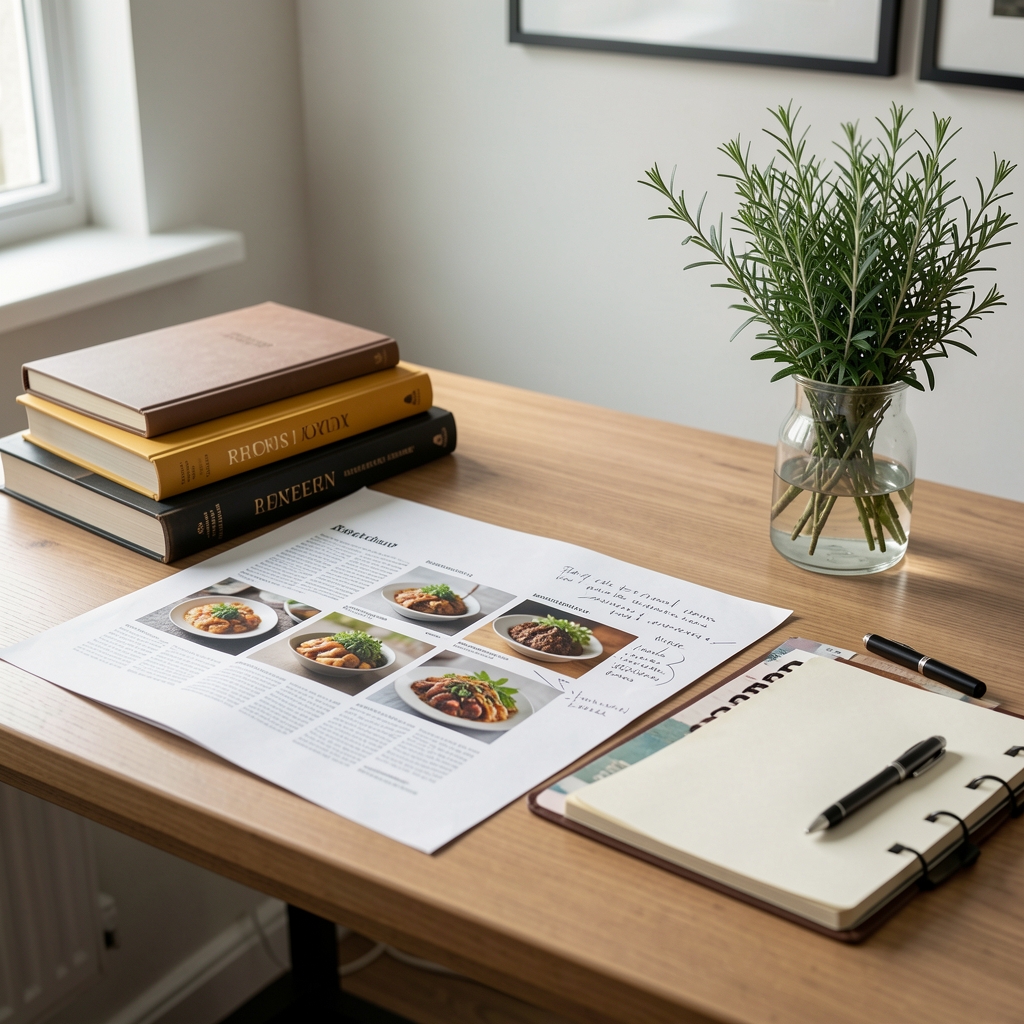 Editorial desk with marked-up food articles, reference books and a notebook beside a vase of herbs