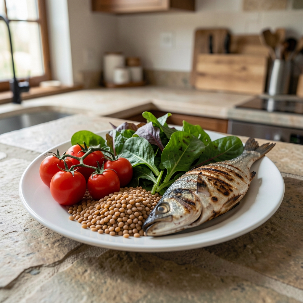 Colourful Mediterranean plate with tomatoes, lentils, leafy greens and grilled fish arranged on a stone kitchen table