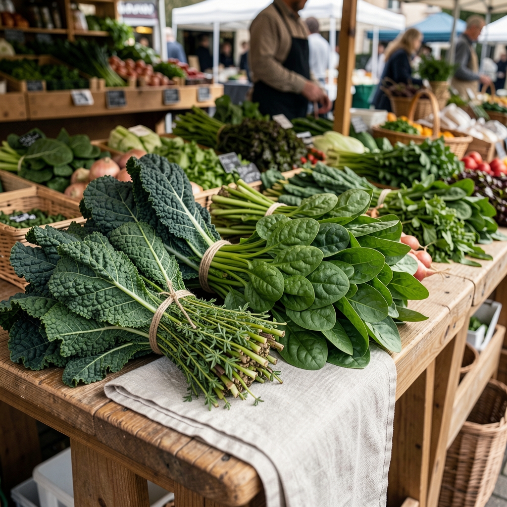 Bundles of kale, spinach and spring herbs arranged beside a linen tea towel at a market stall