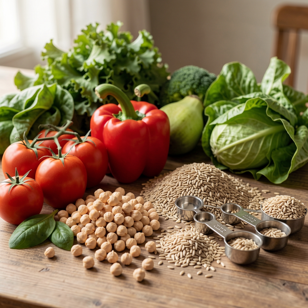 Fresh vegetables, chickpeas, whole grains and measuring spoons arranged for a home-cooked lunch