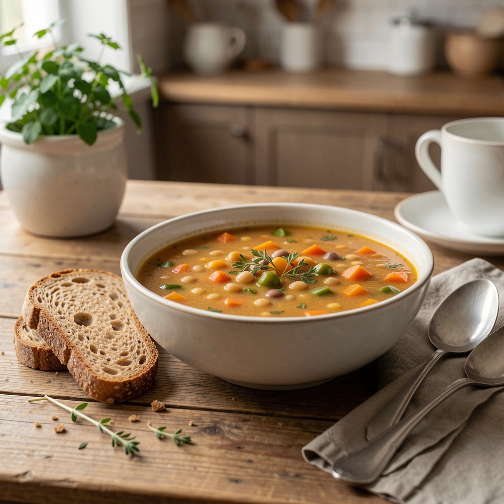 Warm vegetable and bean soup with wholegrain toast and herbs served on a quiet kitchen table