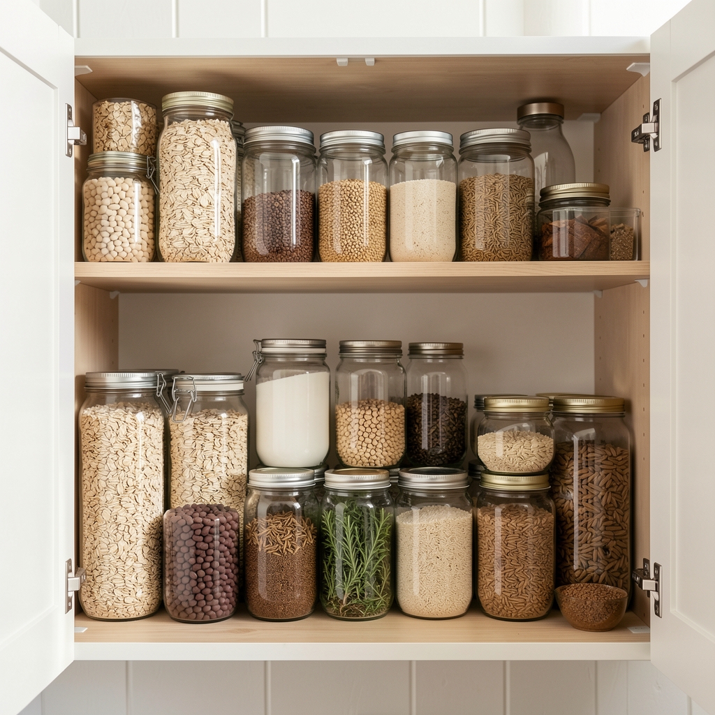Well-organised pantry with oats, beans, brown rice, herbs and glass jars in a bright home kitchen